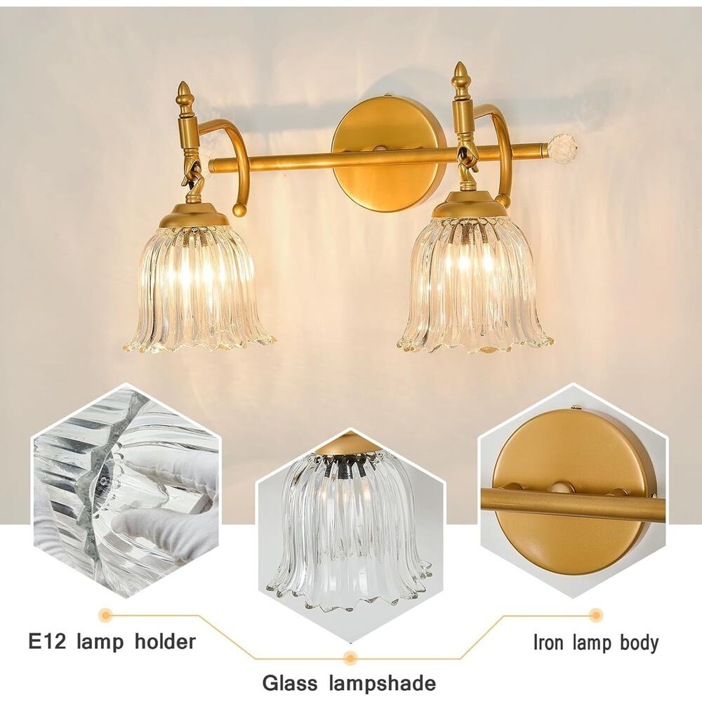 CVKASH 2-Light Brushed Gold Vanity Light with Glass Shade, Modern Wall Sconce - Picture 4 of 5